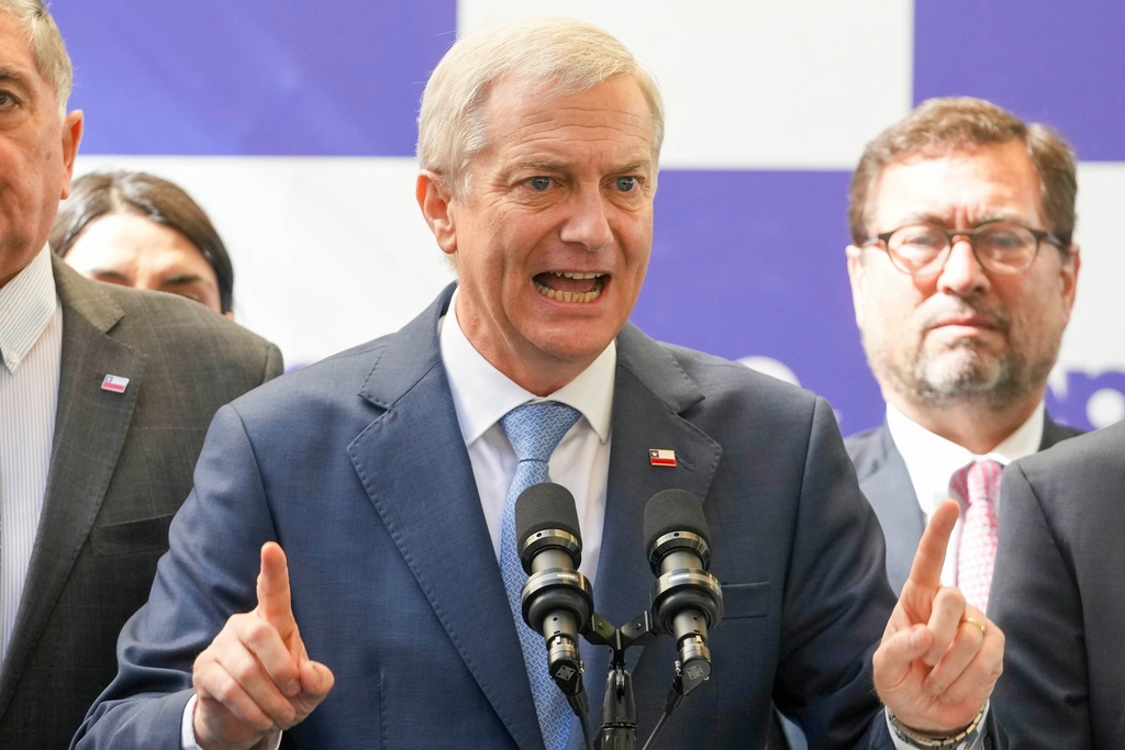 Chilean President-elect Jose Antonio Kast talks to the press at his office in Santiago, Chile, Tuesday, March 3, 2026. (AP Photo/Esteban Felix)