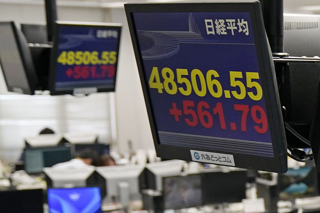Electronic stock boards show Japan's Nikkei 225 index at a foreign exchange firm in Tokyo, Tuesday, Oct. 7, 2025. (Kyodo News via AP)