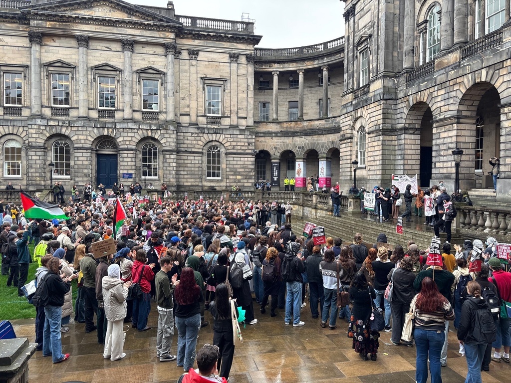 Pro-Palestinian protesters demonstrate at the University of Edinburgh, Scotland, Tuesday Oct. 7, 2025. (Nick Forbes/PA via AP)