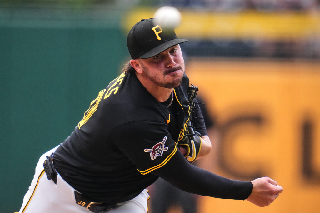 Pittsburgh Pirates pitcher Paul Skenes delivers during the second inning of a baseball game against the Milwaukee Brewers in Pittsburgh, Sunday, July 12, 2026. (AP Photo/Gene J. Puskar)