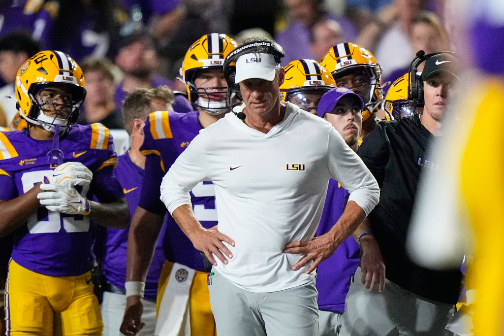 LSU head coach Lane Kiffin reacts in the second half of an NCAA college football game against Louisiana Tech, Saturday, Sept. 12, 2026 in Baton Rouge, La. (AP Photo/Gerald Herbert)