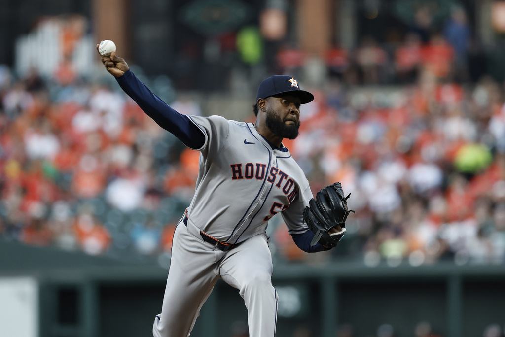 Houston Astros pitcher Cristian Javier throws during the first inning of a baseball game against the Baltimore Orioles, Saturday, Aug. 23, 2025, in Baltimore. (AP Photo/Terrance Williams)