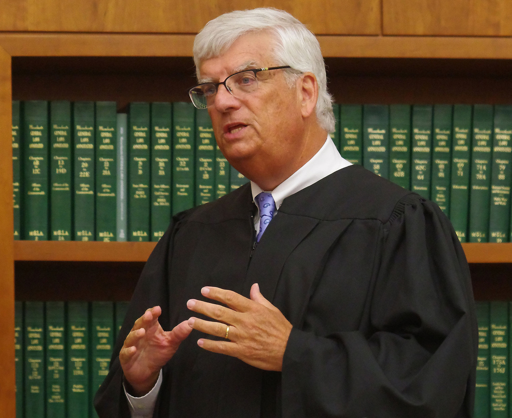 Judge William Sullivan greets the jury during the Lindsay Clancy murder trial, Friday, Aug. 21, 2026, in Plymouth, Mass. (Mark Chavous/The Enterprise via AP, Pool)