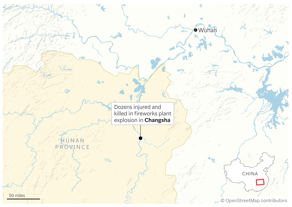 Map showing the location of an explosion at a Changsha fireworks plant. (AP Digital Embed)