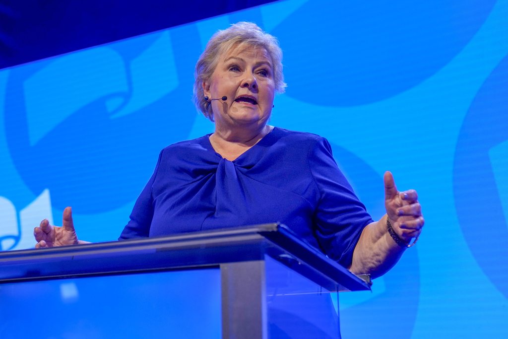 Party leader Erna Solberg speaks during the Conservative Party's election vigil at the Radisson Blu Scandinavia Hotel during the 2025 general election, in Oslo, Norway, Monday, Sept. 8, 2025. (Heiko Junge/NTB Scanpix via AP)
