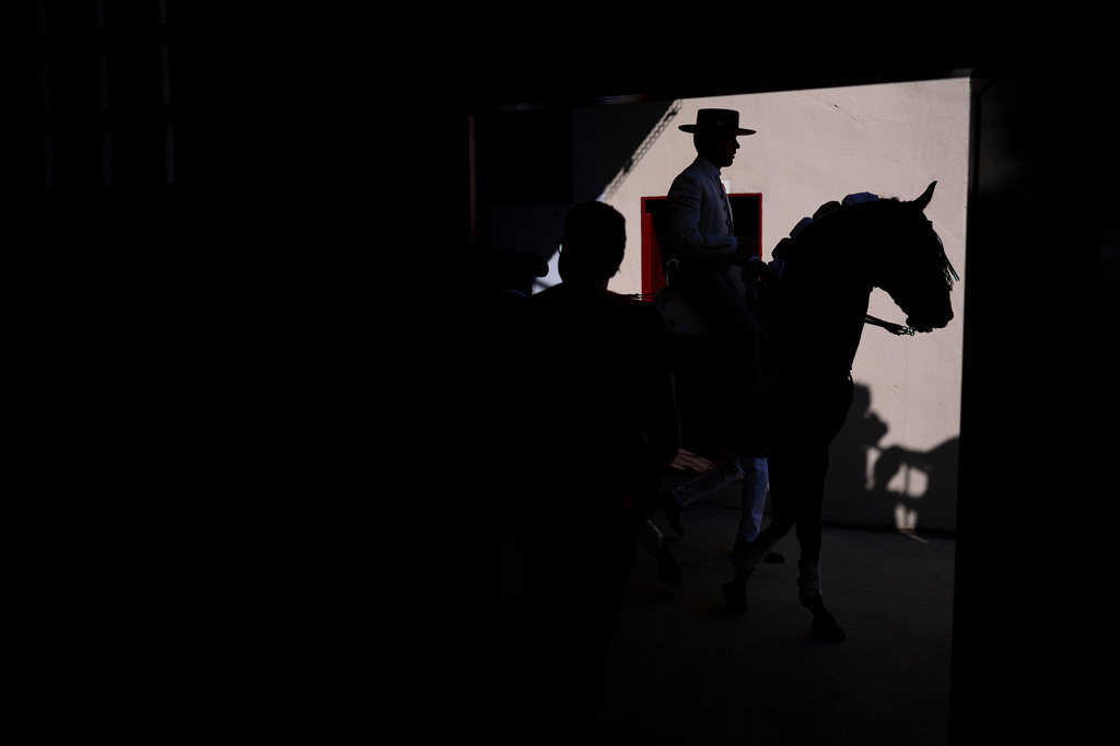 Spanish rejoneador Guillermo Hermoso de Mendoza rides a horse before a bullfight at the San Fermín festival in Pamplona, northern Spain, Monday, July 6, 2026. (AP Photo/Miguel Oses)