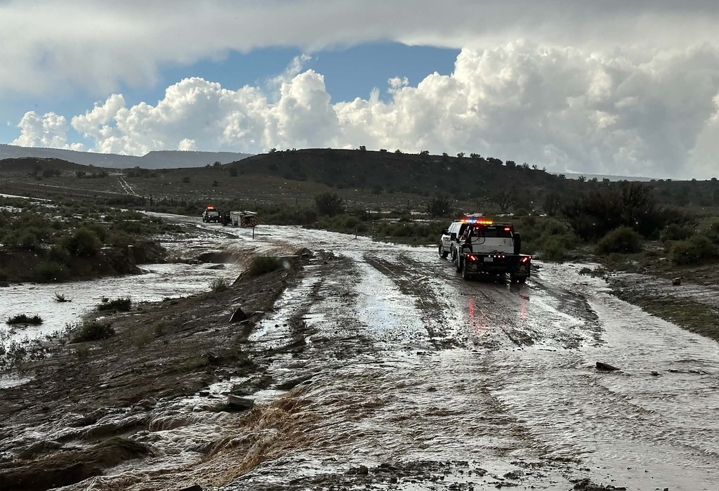 The aftermath of flash flooding in Mexican Springs, New Mexico on the eastern part of the Navajo Nation is shown on Thursday, Sept. 17, 2026. (Darnell Etsitty via AP)
