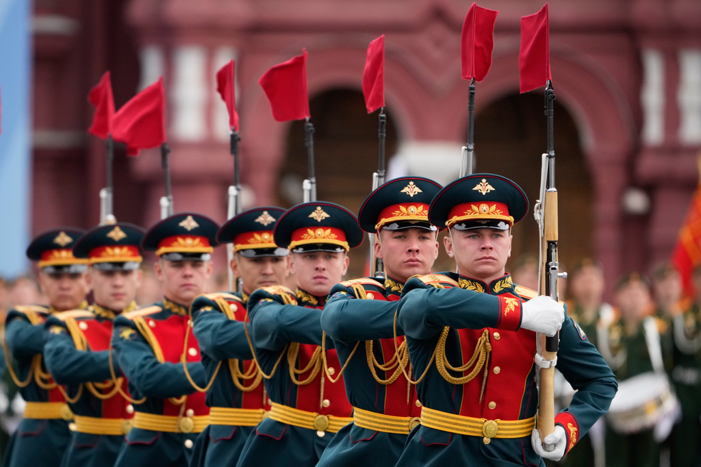 Russian servicemen march as they attend the Victory Day military parade in Moscow, Saturday, May 9, 2026, during celebrations of the 81st anniversary of the Soviet Union's victory over Nazi Germany during the World War II. (AP Photo/Pavel Bednyakov, Pool)