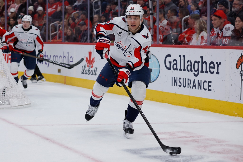 Washington Capitals defenseman Martin Fehérváry moves the puck against the Detroit Red Wings during the first period of an NHL hockey game, Thursday, Jan. 29, 2026, in Detroit. (AP Photo/Duane Burleson)