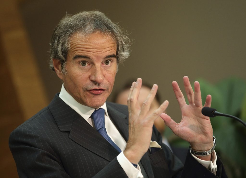 FILE - International Atomic Energy Agency (IAEA) Director General, Rafael Grossi, addresses the media after arriving at the Vienna International Airport in Schwechat, Austria, Tuesday, May 7, 2024. (AP Photo/Heinz-Peter Bader, File)