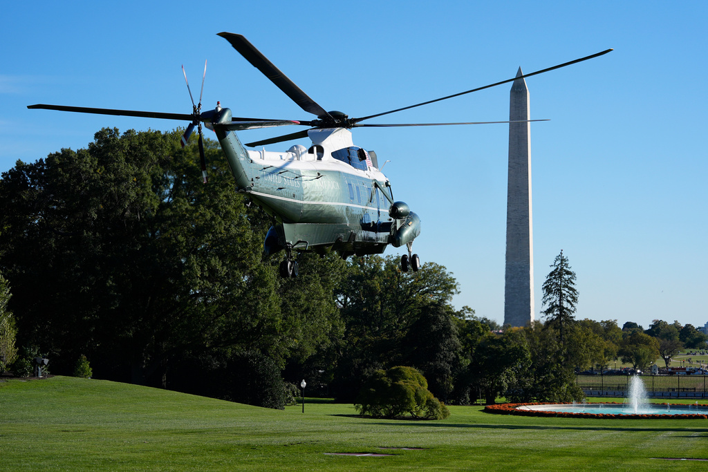 Marine One with President Donald Trump on board departs from the South Lawn of the White House, Friday, Oct. 17, 2025, in Washington. (AP Photo/Alex Brandon)