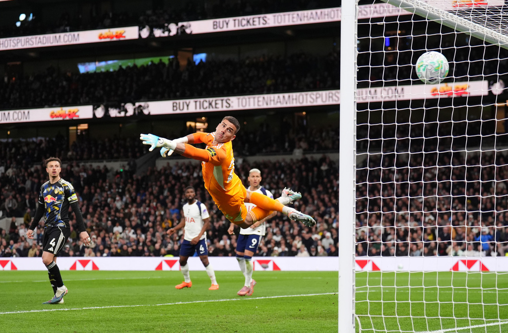 Tottenham Hotspur's Mathys Tel scores during the English Premier League soccer match between Tottenham Hotspur and Leeds United in London, Monday May 11, 2026. (John Walton/PA via AP)