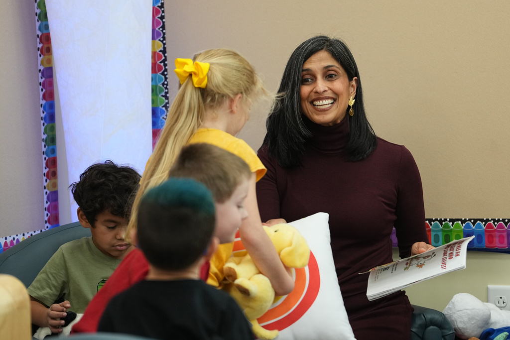 Second lady Usha Vance meets with students at DeLalio Elementary School on the Marine Corps Air Station New River in Jacksonville, N.C., Wednesday, Nov. 19, 2025. (AP Photo/Matt Rourke)