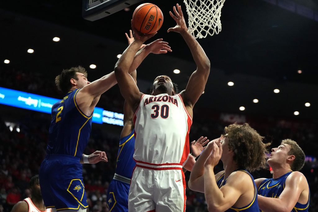 Arizona forward Tobe Awaka (30) gets fouled by South Dakota State guard Luke Haertle (2) during the first half of an NCAA college basketball game, Monday, Dec. 29, 2025, in Tucson, Ariz. (AP Photo/Rick Scuteri)