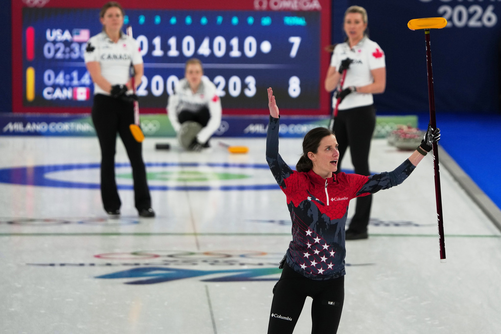 United States' Tara Peterson reacts during the women's curling round robin session against Canada, at the 2026 Winter Olympics, in Cortina d'Ampezzo, Italy, Friday, Feb. 13, 2026. (AP Photo/Misper Apawu)