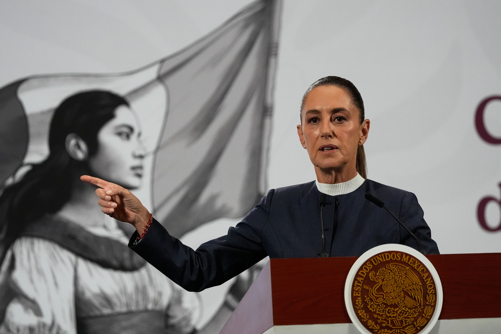 Mexican President Claudia Sheinbaum gives a morning press conference at the National Palace in Mexico City, Monday, Nov. 3, 2025. (AP Photo/Marco Ugarte)