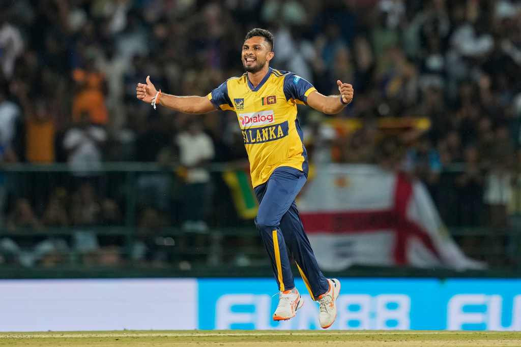 Sri Lanka's Dasun Shanaka celebrates the dismissal of England's Jacob Bethell during the second T20 cricket match between England and Sri Lanka in Pallekele, Sri Lanka, Sunday, Feb, 1. 2026. (AP Photo/Eranga Jayawardena)