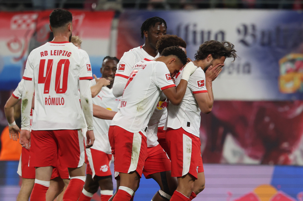 RB Leipzig's Max Finkgräfe celebrates after scoring a goal during a Bundesliga soccer match between RB Leipzig and 1. FC Union Berlin, Friday, April 24, 2026, in Leipzig, Germany. (Jan Woitas/dpa via AP)