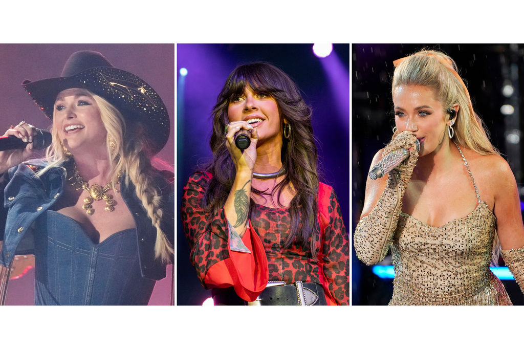 This combination of images shows Miranda Lambert, from left, Ella Langley, and Megan Moroney. (AP Photo)