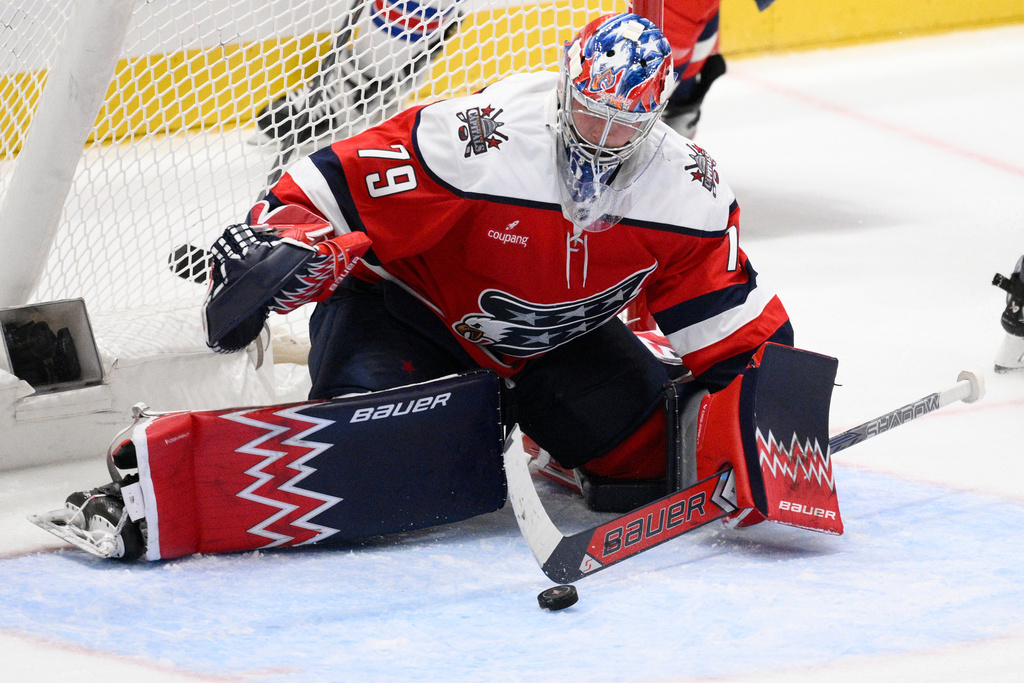 Washington Capitals goaltender Charlie Lindgren (79) stops the puck during the third period of an NHL hockey game against the New York Rangers, Wednesday, Dec. 31, 2025, in Washington. (AP Photo/Nick Wass)