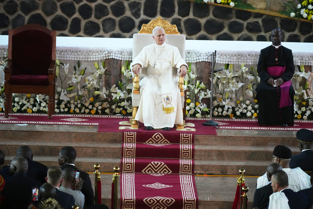 Pope Leo XIV leads a meeting for peace at Saint Joseph's Cathedral in Bamenda, Cameroon, with the local community Thursday, April 16, 2026, on the fourth day of his 11-day pastoral visit to Africa. (AP Photo/Andrew Medichini)