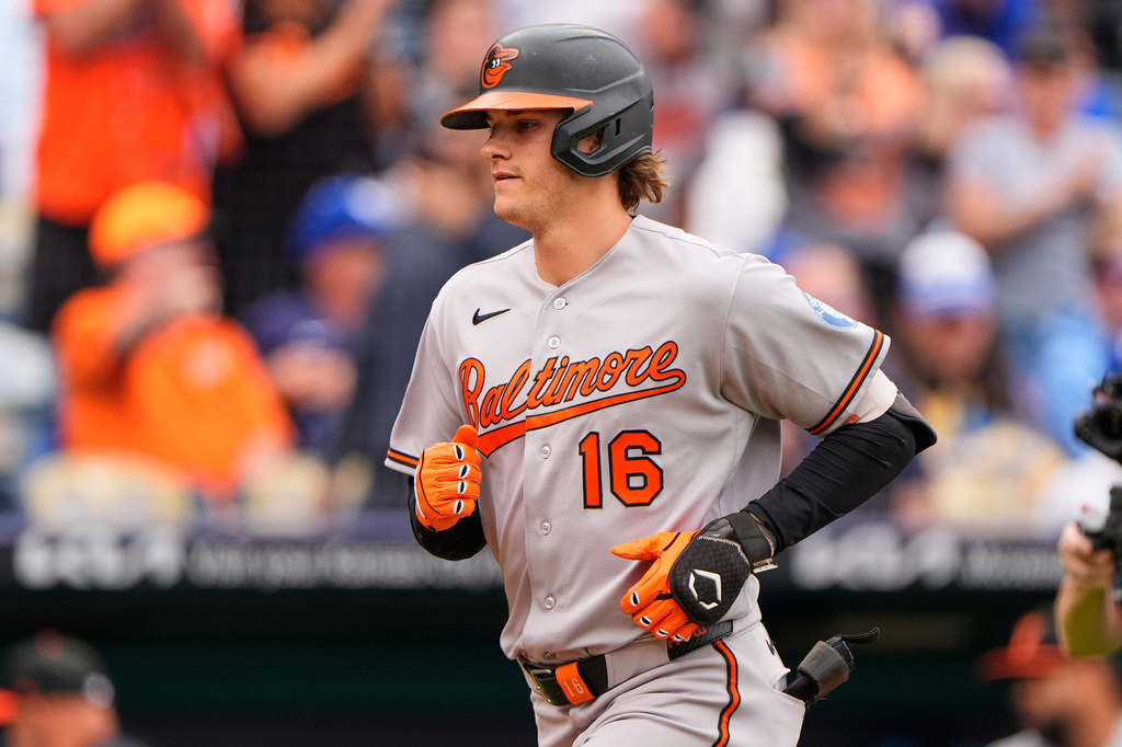 Baltimore Orioles' Coby Mayo (16) runs the bases after hitting a three-run home run during the sixth inning of a baseball game against the Kansas City Royals, Wednesday, April 22, 2026, in Kansas City, Mo. (AP Photo/Charlie Riedel)