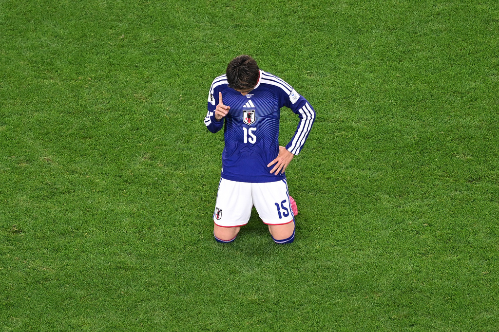 Japan's Daichi Kamada (15) points to the sky after the World Cup Group F soccer match between the Netherlands and Japan in Arlington, Texas, near Dallas, Sunday, June 14, 2026. (AP Photo/Jessica Tobias)