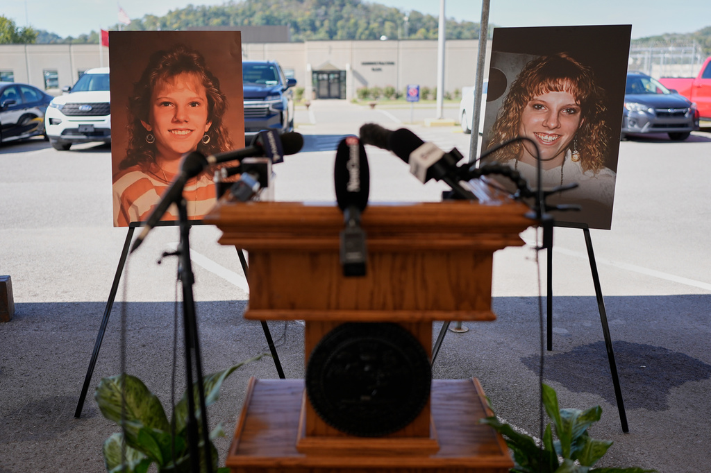 Photographs of Colleen Slemmer, who was murdered in 1995, are displayed outside Riverbend Maximum Security Institution before the planned execution of Christa Pike, Wednesday, Sept. 30, 2026, in Nashville, Tenn. (AP Photo/George Walker IV)