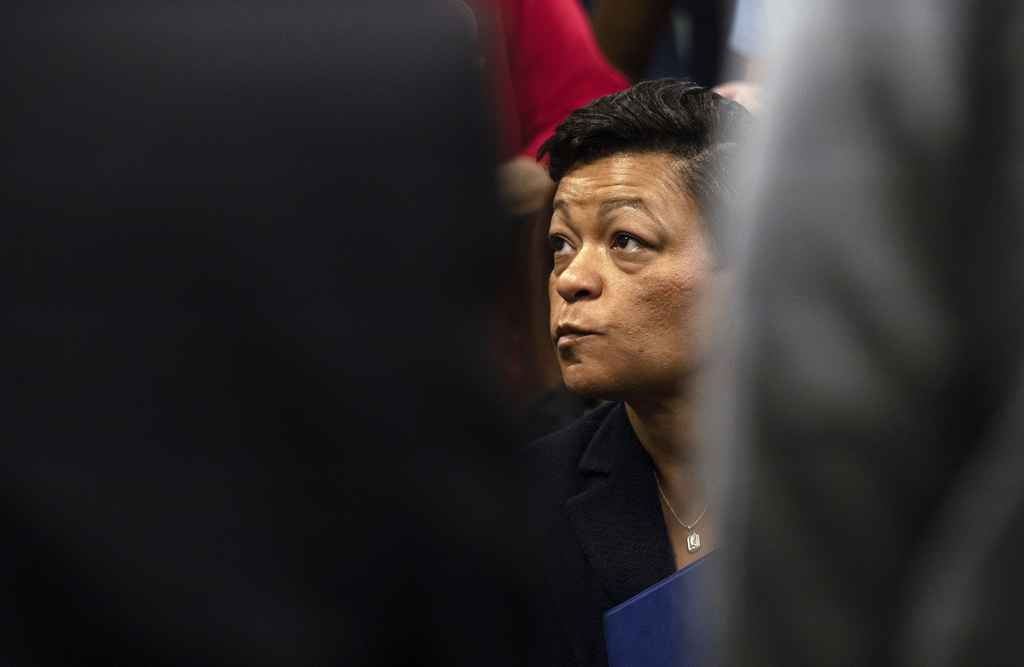 FILE - New Orleans Mayor LaToya Cantrell listens during a meeting after Hurricane Francine at New Orleans International Airport, Sept. 13, 2024, in Kenner, La. (Hilary Scheinuk/The Advocate via AP, Pool, File)