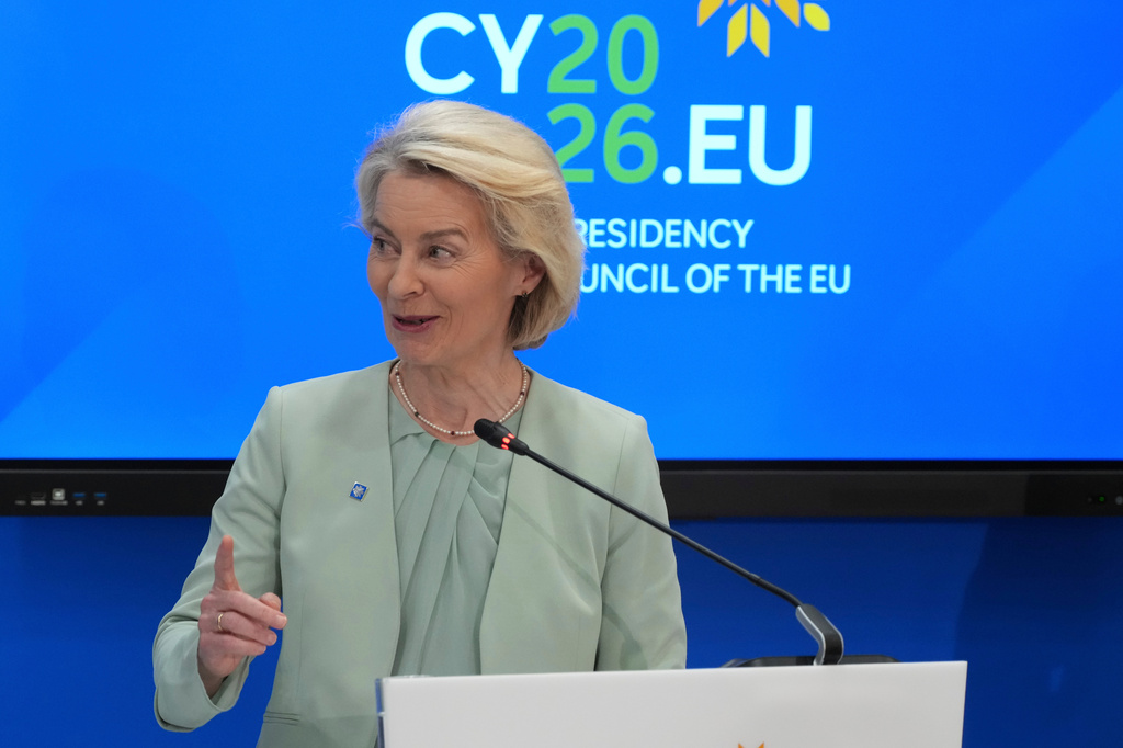 European Commission President Ursula von der Leyen speaks during a press conference after the EU Summit in Nicosia, Cyprus, Friday, April 24, 2026. (AP Photo/Petros Karadjias)