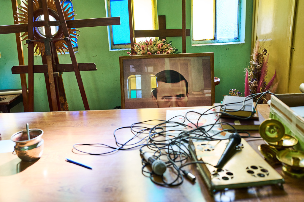 A portrait of Luis Orione, an Italian priest and founder of the Pequeño Cottolengo Don Orione, a home for people with disabilities that Pope Leo XIV will visit in November, sits in a storage room at the home’s church in Buenos Aires, Argentina, Thursday, Sept. 24, 2026. (AP Photo/Rodrigo Abd)