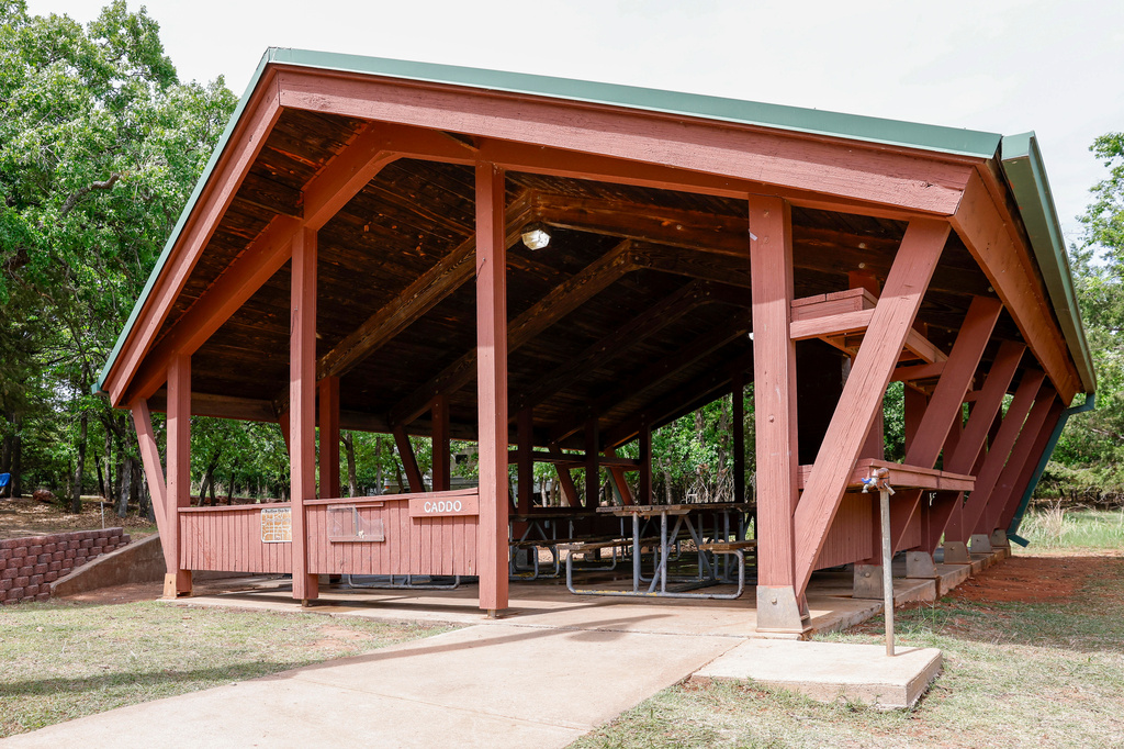 A view of the pavilion where shootings took place inside Scissortail Campground at Arcadia Lake in Edmond, Okla. on Monday, May 4, 2026 a day after a party shooting on Sunday evening. (AP Photo/Alonzo Adams)