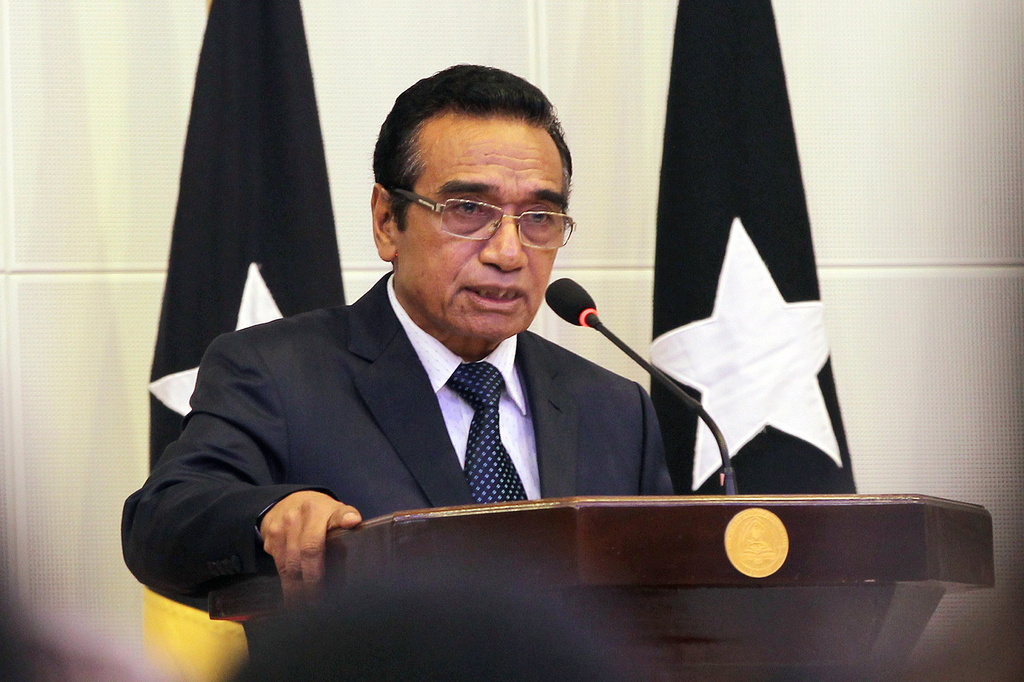FILE - East Timor's President Francisco "Lu Olo" Guterres delivers his speech in Dili, East Timor, on Jan. 26, 2018. (AP Photo/Kandhi Barnez, File)