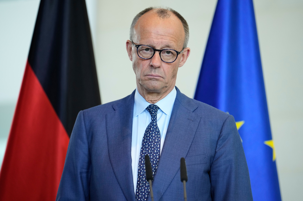 German Chancellor Friedrich Merz attends a joint press conference with President of the Swiss Confederation Guy Parmelin, not pictured, at the chancellory in Berlin, Germany, Tuesday, May 19, 2026. (AP Photo/Ebrahim Noroozi)