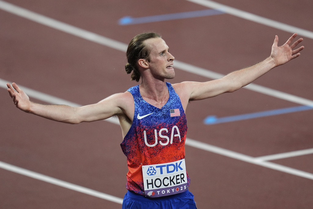 United States' Cole Hocker reacts after winning the gold medal in the men's 5,000 meters final at the World Athletics Championships in Tokyo, Sunday, Sept. 21, 2025. (AP Photo/Abbie Parr)