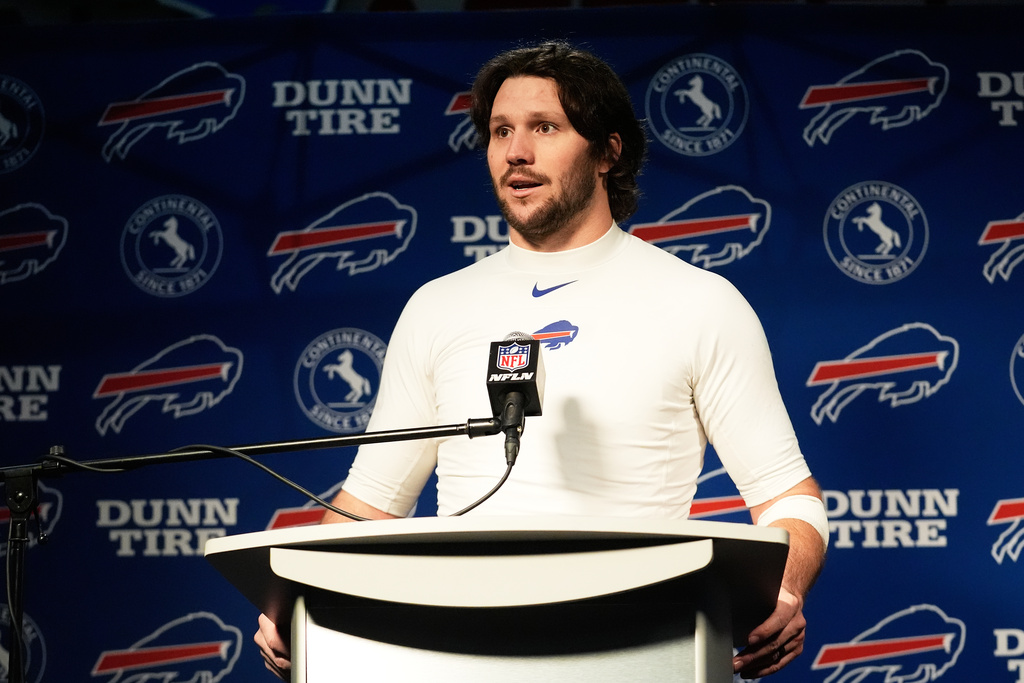 Buffalo Bills quarterback Josh Allen speaks at a news conference after an NFL football game against the New England Patriots in Foxborough, Mass., Sunday, Dec. 14, 2025. (AP Photo/Robert F. Bukaty)