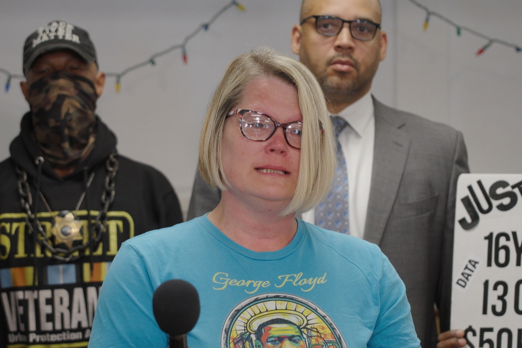 In this photo made from a video, Courteney Ross, George Floyd's girlfriend, speaks to reporters on Thursday, June 4, 2026, in Minneapolis, about a moment of silence honoring former Minneapolis police officer Derek Chauvin that was held at a state GOP convention. (AP Photo/Mark Vancleave) CORRECTION: Name corrected to Floyd instead of Flyod