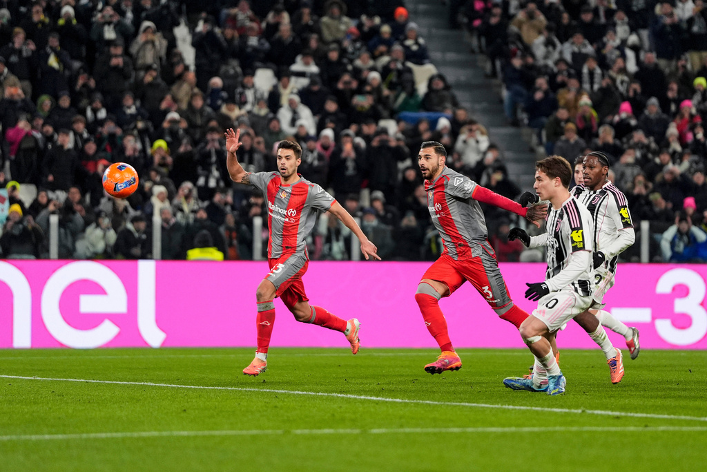 Juventus' Kenan Yildiz scores his side's third goal during the Serie A soccer match between Juventus and Cremonese in Turin, Italy, Jan. 12, 2026. (Fabio Ferrari/LaPresse via AP)