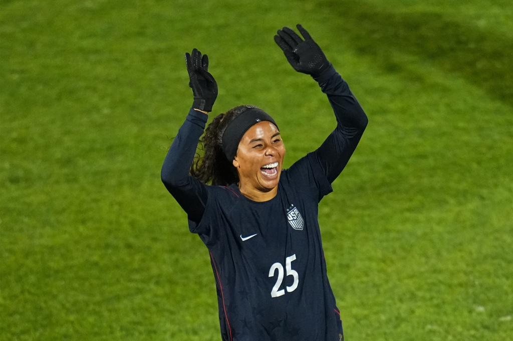 United States defender Kennedy Wesley celebrates after a goal against Japan during the second half of an international friendly soccer match Friday, April 17, 2026, in Commerce City, Colo. (AP Photo/Jack Dempsey)
