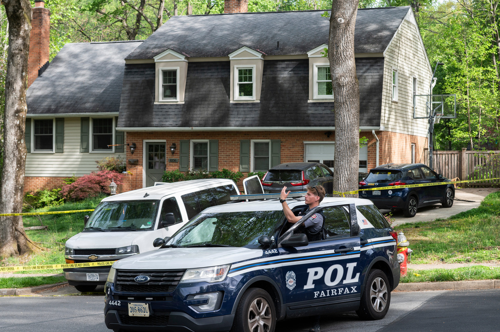 Fairfax County police secure the home of former Virginia Lt. Gov. Justin Fairfax, in Annandale, Va., Thursday, April 16, 2026. (AP Photo/Cliff Owen)
