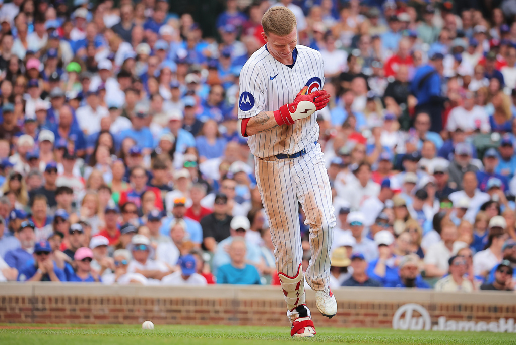 Chicago Cubs' Pete Crow-Armstrong reacts after being hit by a pitch during the second inning of a baseball game against the St. Louis Cardinals, Sunday, July 5, 2026, in Chicago. (AP Photo/Melissa Tamez)