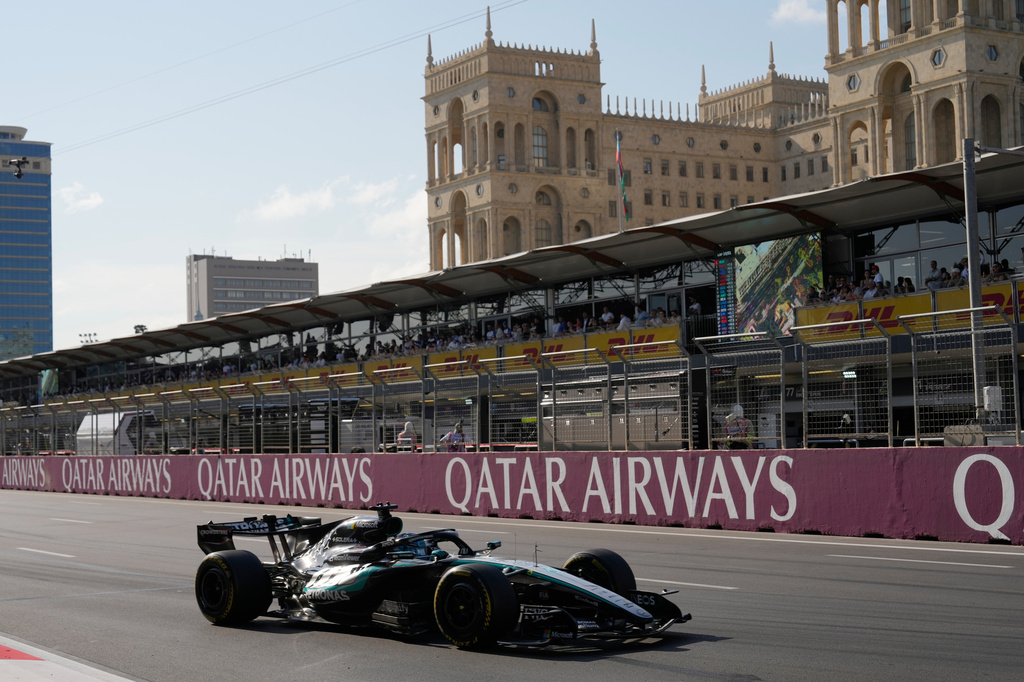 Mercedes driver George Russell of Britain steers his car during the Azerbaijan F1 Grand Prix auto race, in Baku, Azerbaijan, Saturday, Sept. 26, 2026. (AP Photo/Darko Bandic)