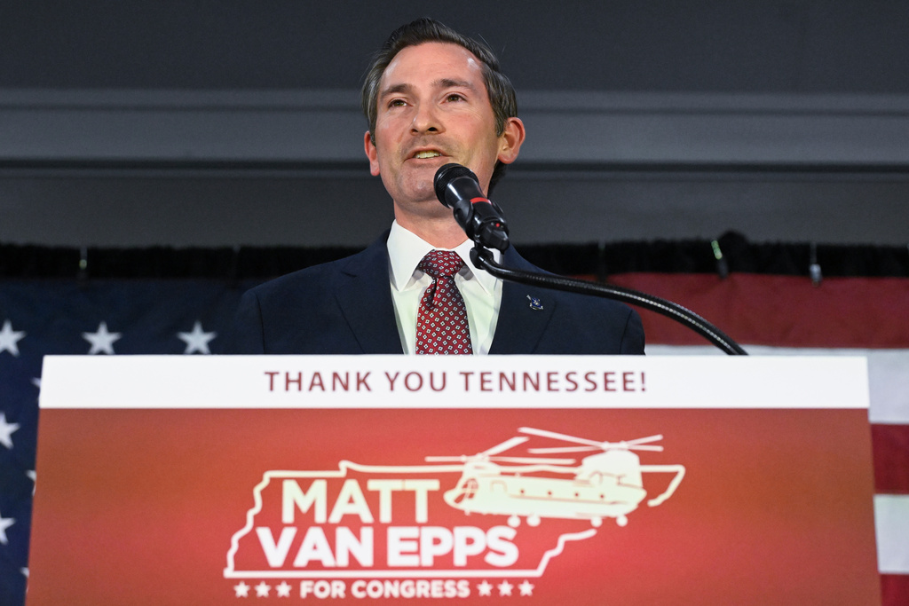 Republican candidate Matt Van Epps speaks at a watch party to declare victory in a special election for the U.S. seventh congressional district, Tuesday, Dec. 2, 2025, in Nashville, Tenn. (AP Photo/John Amis)