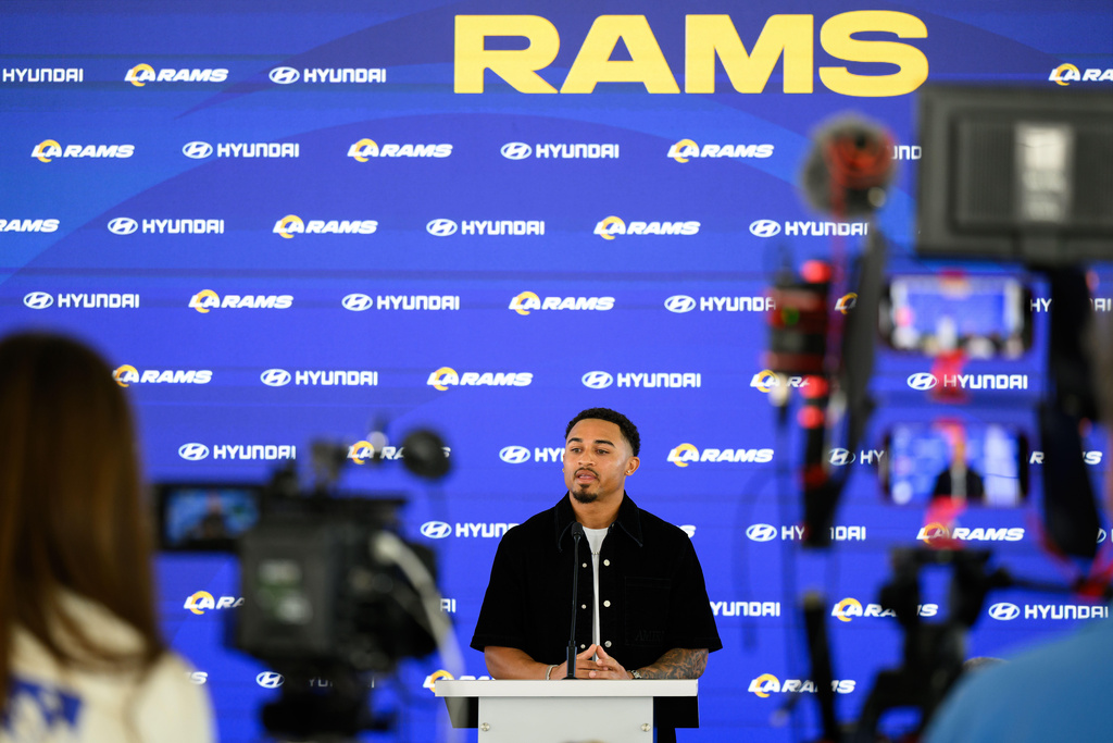 Los Angeles Rams' new cornerback Trent McDuffie speaks during an NFL football news conference, Thursday, March 12, 2026, in Los Angeles. (AP Photo/William Liang)