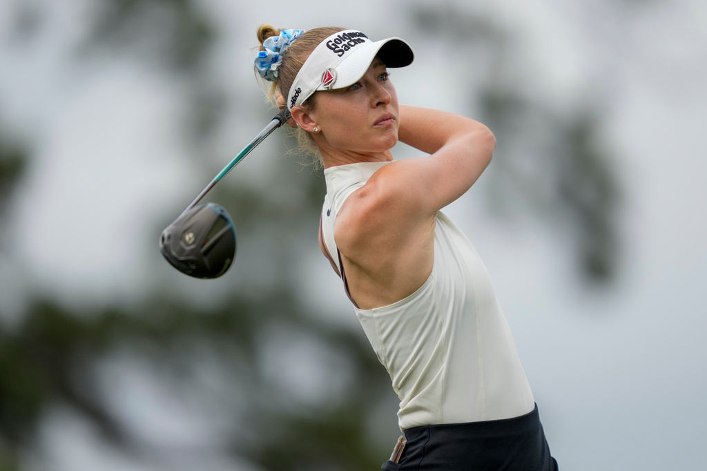 Nelly Korda hits from the fourth tee during the first round of the Chevron Championship LPGA golf tournament Thursday, April 23, 2026, in Houston. (AP Photo/Ashley Landis)