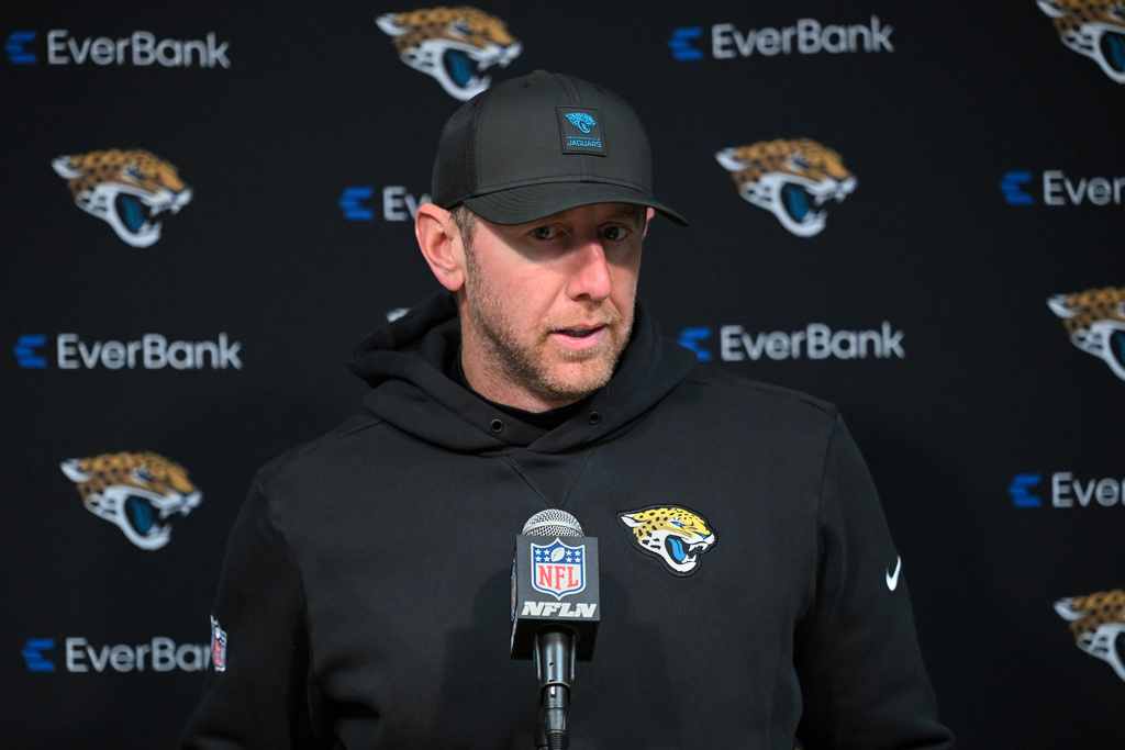 Jacksonville Jaguars head coach Liam Coen speaks at a news conference after an NFL football game between the Tennessee Titans and the Jacksonville Jaguars Sunday, Nov. 30, 2025, in Nashville, Tenn. (AP Photo/John Amis)