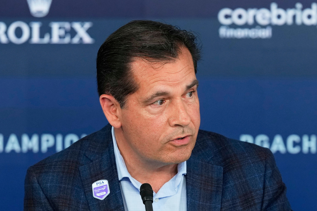 FILE -Derek Sprague, CEO of the PGA of America, speaks during a news conference at the PGA Championship golf tournament at the Quail Hollow Club,, May 13, 2025, in Charlotte, N.C. (AP Photo/Matt York, File)