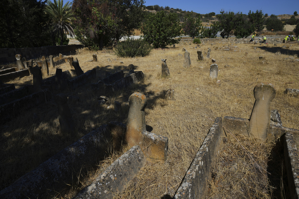 CORRECTS DATE - Shade from pine trees covers some of the graves of Turkish Cypriots at the Muslim cemetery in the village of Tochni, Cyprus on July 3, 2025. (AP Photo/Petros Karadjias)