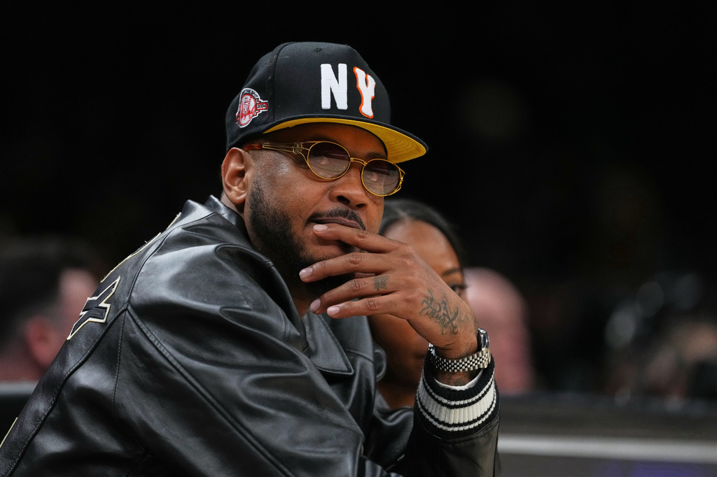 FILE - Carmelo Anthony attends a basketball game between Mist BC and Breeze, March 2, 2026, in New York. (AP Photo/Frank Franklin II, File)