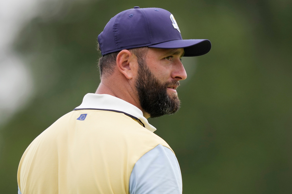 Europe's Jon Rahm, of Spain, watches on the 12th hole during a practice round for the Ryder Cup golf tournament, Wednesday, Sept. 24, 2025, on the Bethpage Black golf course, in Farmingdale, N.Y. (AP Photo/Matt Slocum)